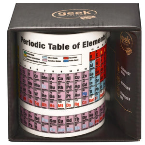 Side view image of white mug with Periodic Table of the Elements design in packaging