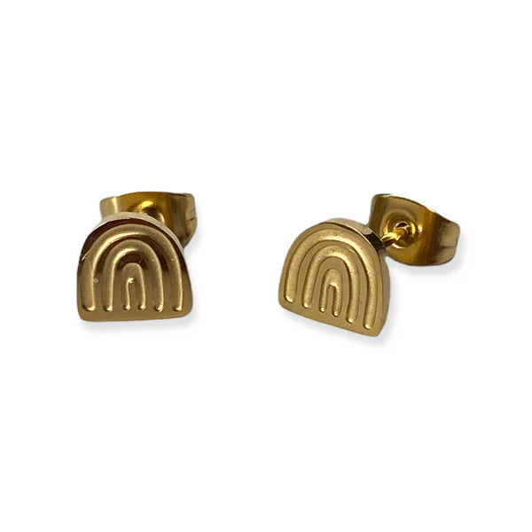 Front view image of gold stud earring in rainbow shape showing post and back of earring