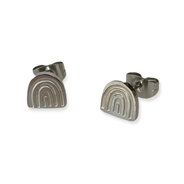 Front view image of silver stud earring in rainbow shape showing post and back of earring