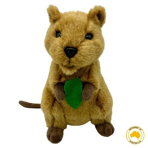 Front view image of brown fur quokka plush holding a green felt leaf