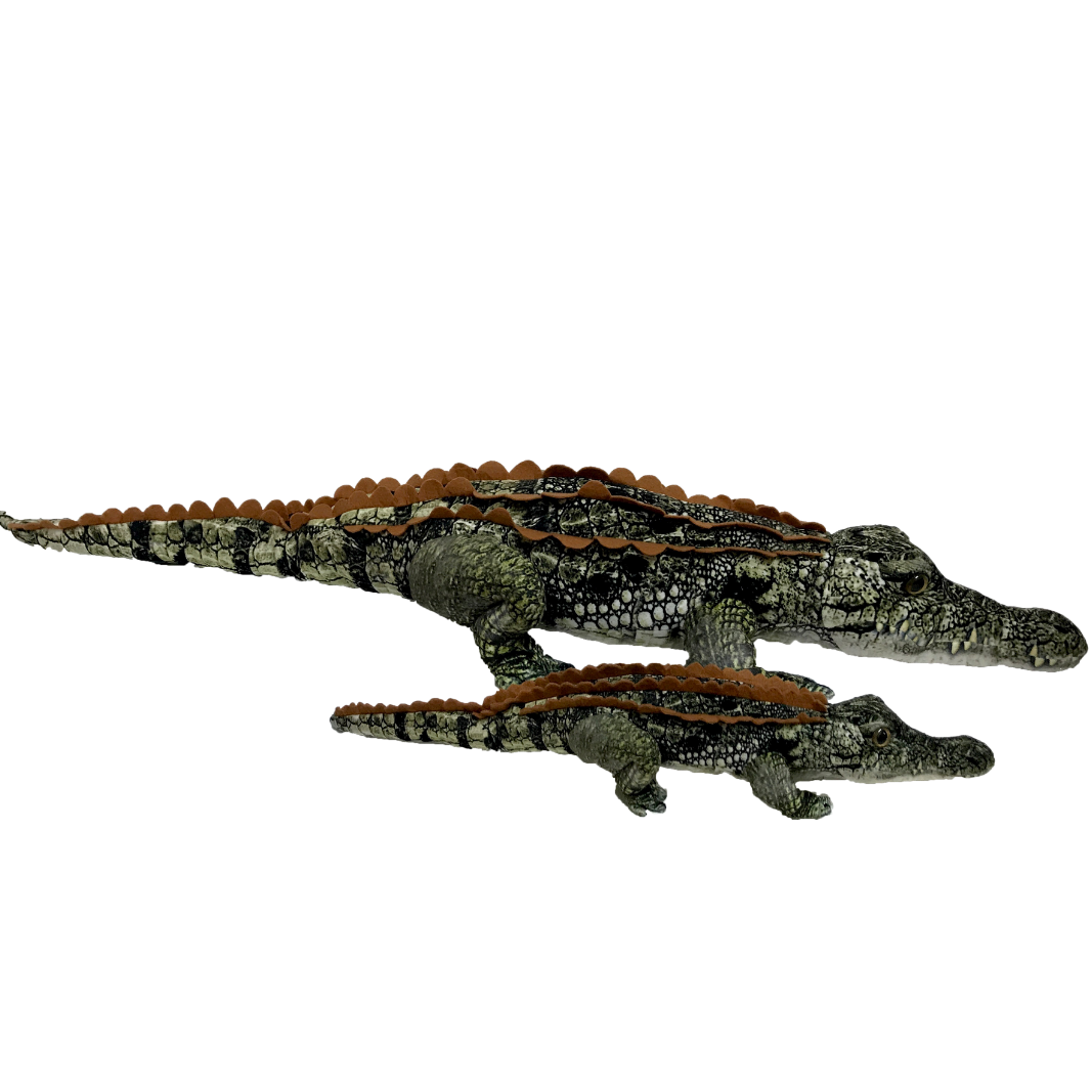 Side view image of large and small Cranky Croc plush toys