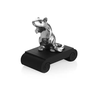 Image of Chinese Zodiac Rat Figurine by Royal Selangor, showing pewter rat figurine on black stand on white background.