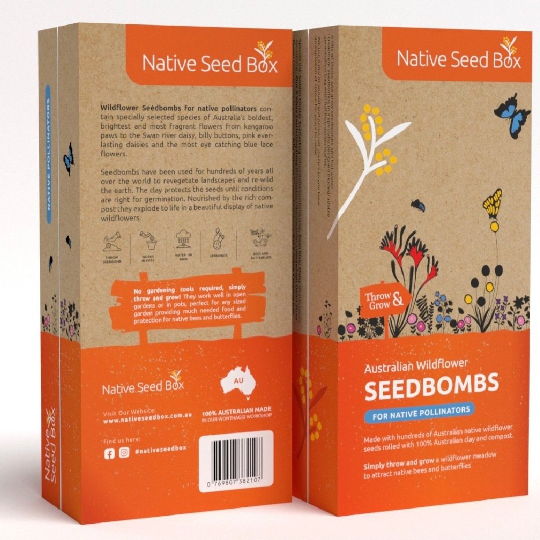 Image of packaging of Native Seed Box's Australian Wildflow Seedbombs for Native Pollinators.