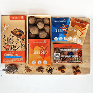 Image of Native Seed Box's Australian Bush Tucker Seed Bombs packaging, seed bombs and packets for smoke and hot water treatment.