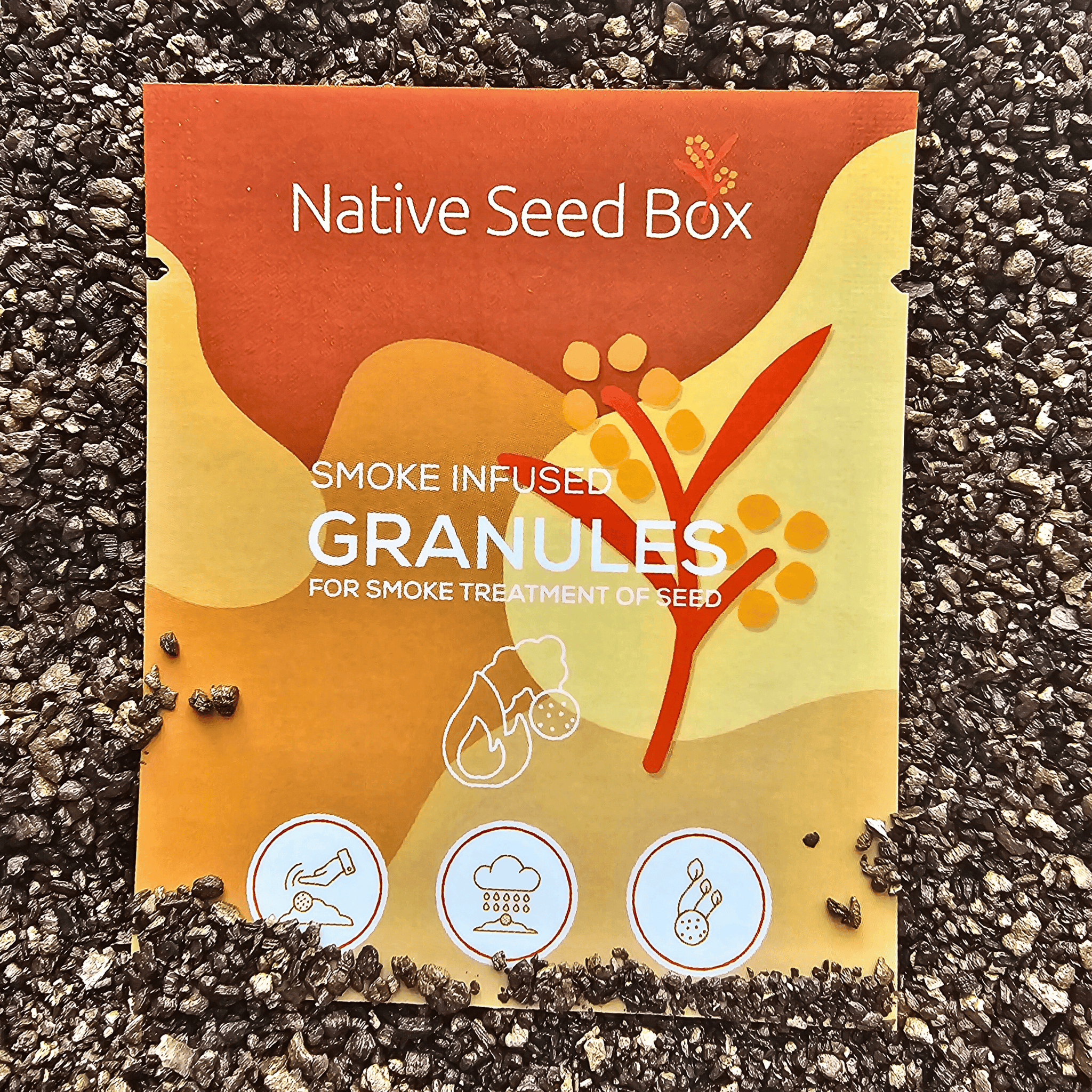 Image of Native Seed Box's smoke infused granules for smoke treatment of seed and packaging