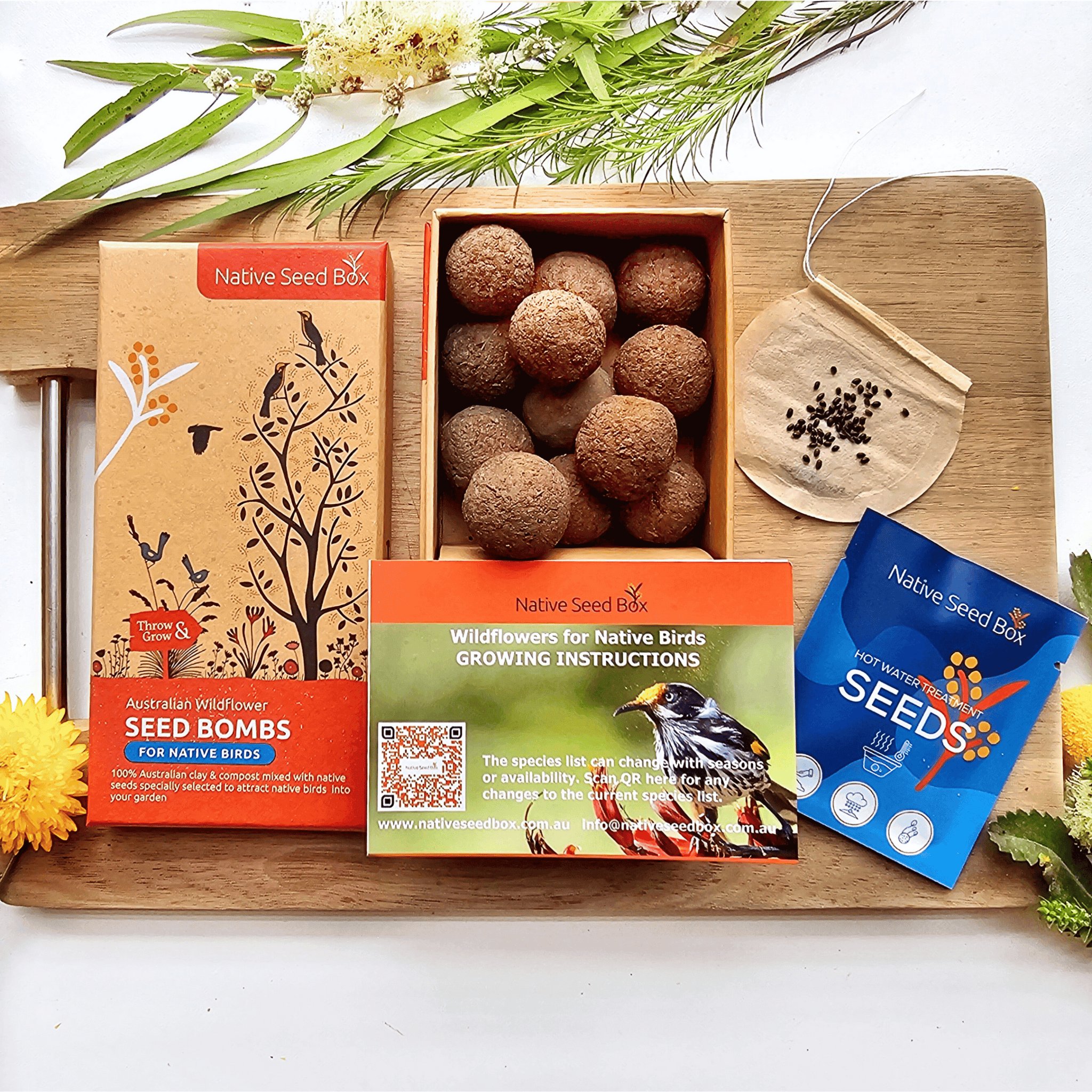 Image of Native Seed Box's Australian Wildflower Seed Bombs for Native Birds  packaging, seed bombs and seeds.