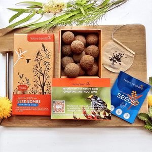 Image of Native Seed Box's Australian Wildflower Seed Bombs for Native Birds  packaging, seed bombs and seeds.