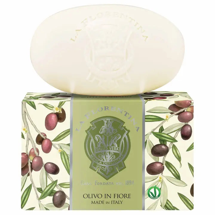 La Florentina soap bar and box with olive branch design, labeled "Olivo in Fiore, Made in Italy."
