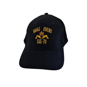 Image of front of black cap with HMAS Ovens insignia 