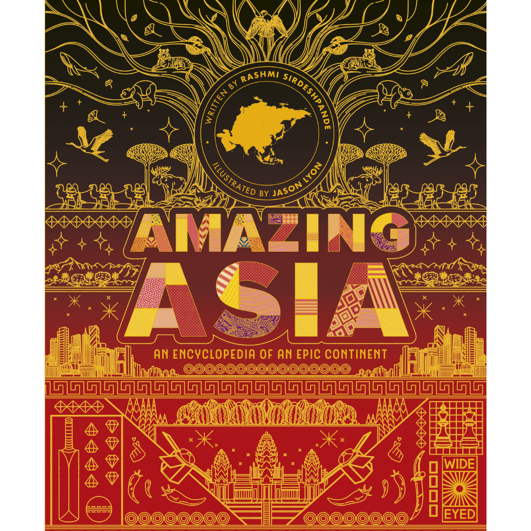 Image of front cover of book titled Amazing Asia: An Encyclopedia of an Epic Continent, with yellow line drawings on a dark and red background. 