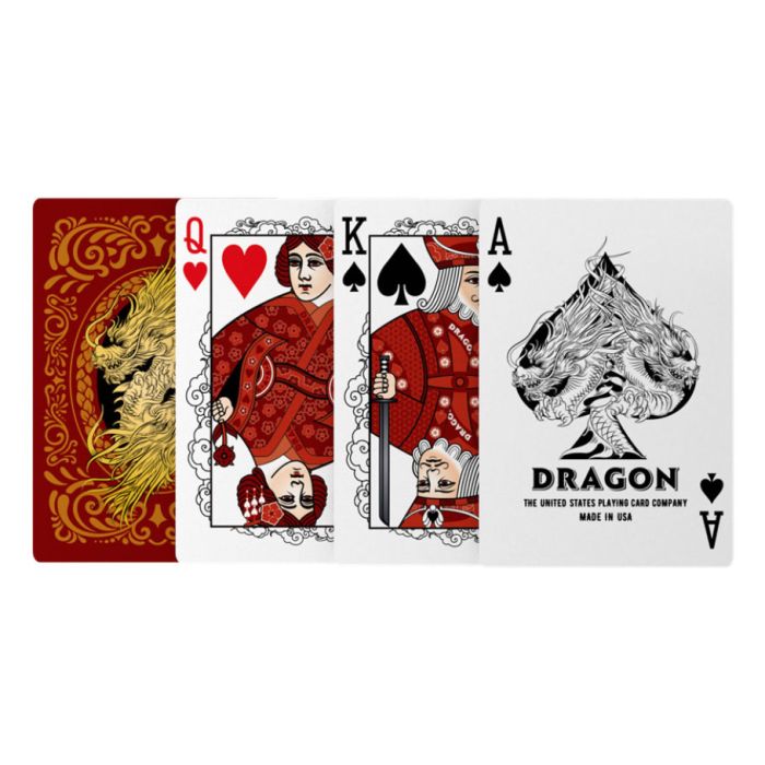 Image of four Bicycle Dragon playing cards displayed in a row, showing the ornate card back with gold dragon artwork, Queen of Hearts, King of Spades, and Ace of Spades with a fierce black dragon illustration and the text "Dragon – The United States Playing Card Company – Made in USA.
