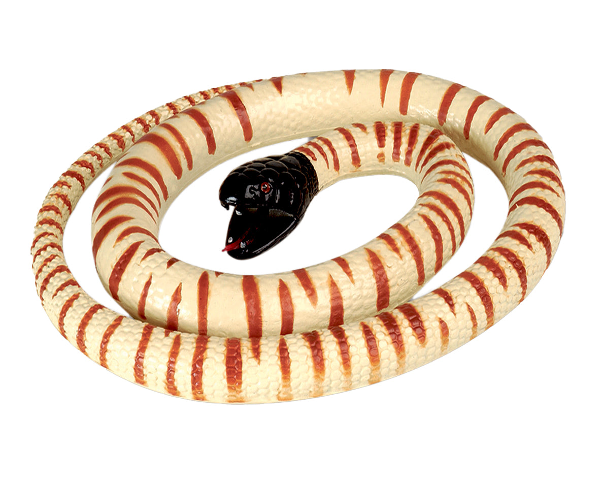 Image of Black Headed Python Rubber Snake, showing rubber snake with cream body and brown stripes with black head on white background.