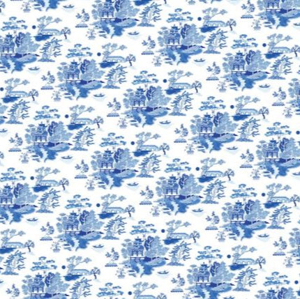 Image of Chinoiserie Blue and White Luxury Gift Wrap with illustrations of Chinese building and landscape.