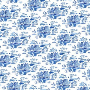 Image of Chinoiserie Blue and White Luxury Gift Wrap with illustrations of Chinese building and landscape.