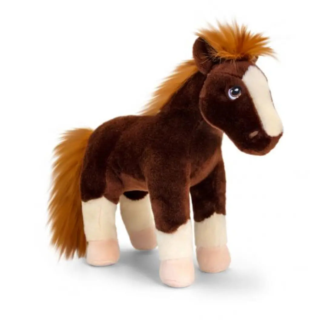 Image of plush horse in standing position with light pink feet white and brown legs, brown body and lighter brown fluffy mane, on white background.