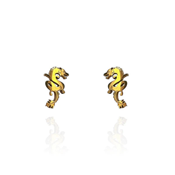 Image of a pair of 18k gold-plated stud earrings shaped like stylized Chinese dragons, featuring intricate detailing and a coiled body design, displayed against a white background with faint reflections.
