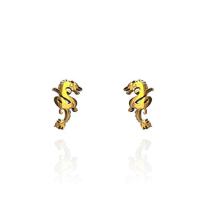 Image of a pair of 18k gold-plated stud earrings shaped like stylized Chinese dragons, featuring intricate detailing and a coiled body design, displayed against a white background with faint reflections.