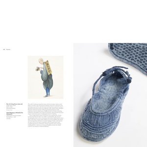 Image of page from book titled Chinese Dress in Details, showing text, artwork of man working and image of a blue moccasin on white background.