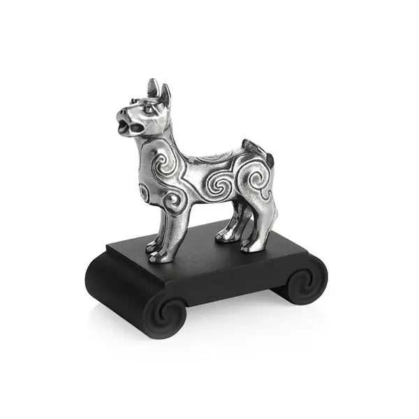 Image of Chinese Zodiac Dog Figurine by Royal Selangor, showing silver dog figurine on black stand on white background.