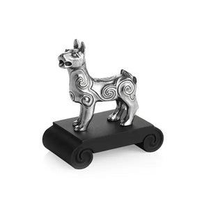 Image of Chinese Zodiac Dog Figurine by Royal Selangor, showing silver dog figurine on black stand on white background.