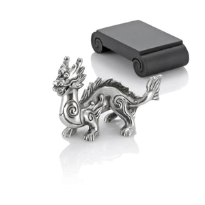 Image of Chinese Zodiac Dragon Figurine by Royal Selangor, showing silver metal dragon figurine in front of black stand on white background.