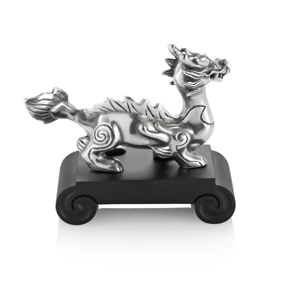 Side view image of Chinese Zodiac Dragon Figurine by Royal Selangor, showing silver metal dragon figurine on black stand on white background.