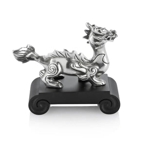 Side view image of Chinese Zodiac Dragon Figurine by Royal Selangor, showing silver metal dragon figurine on black stand on white background.