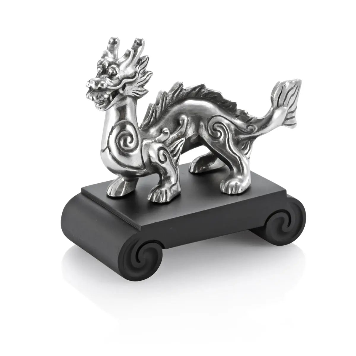 Image of Chinese Zodiac Dragon Figurine by Royal Selangor, showing silver metal dragon figurine on black stand on white background.