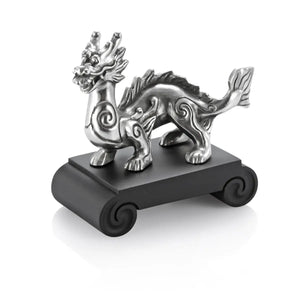 Image of Chinese Zodiac Dragon Figurine by Royal Selangor, showing silver metal dragon figurine on black stand on white background.