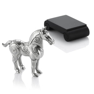 Image of Chinese Zodiac Horse Figurine by Royal Selangor, showing silver horse figurine next to black stand on white background.