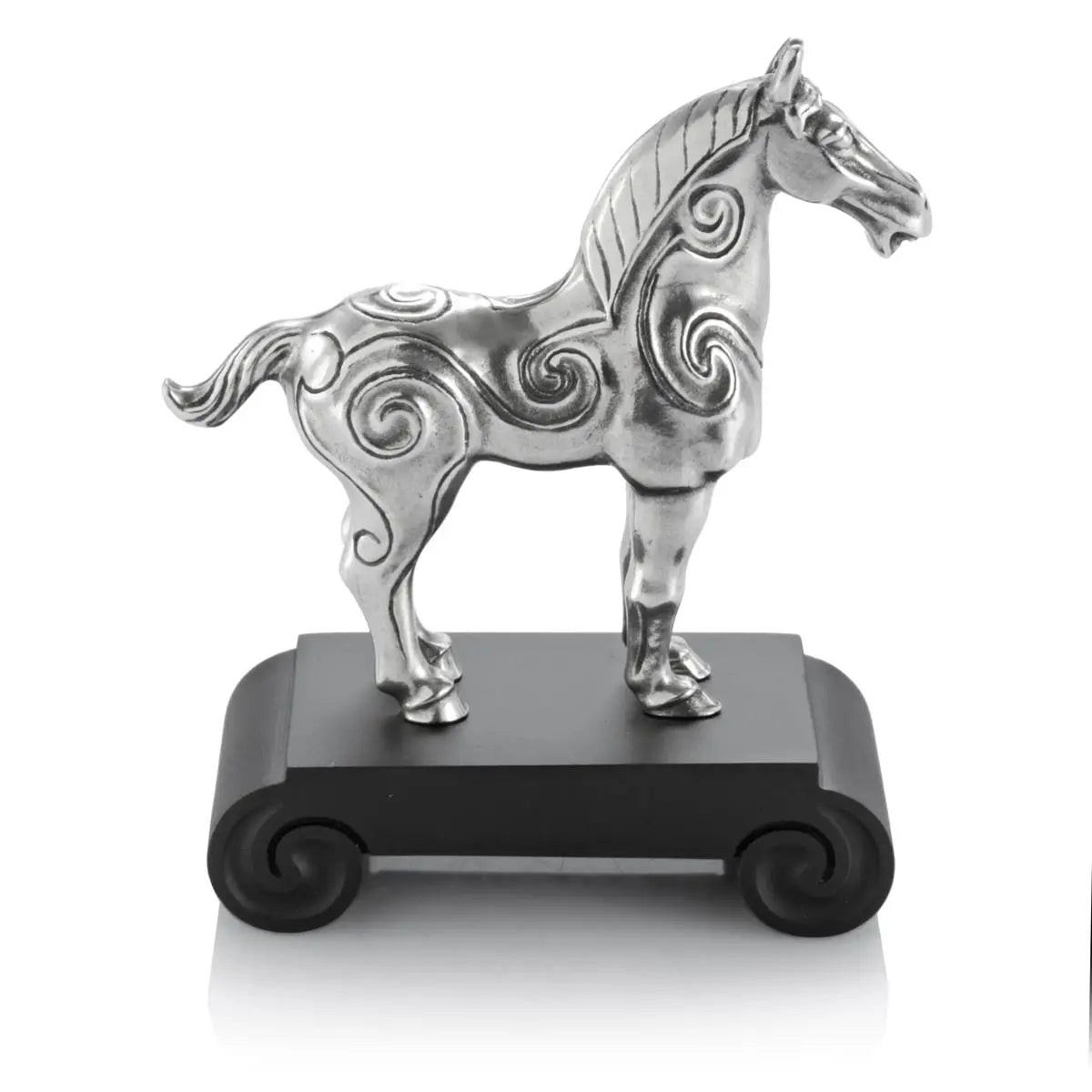 Side view image of Chinese Zodiac Horse Figurine by Royal Selangor, showing silver horse figurine on black stand on white background.