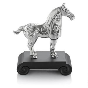 Side view image of Chinese Zodiac Horse Figurine by Royal Selangor, showing silver horse figurine on black stand on white background.