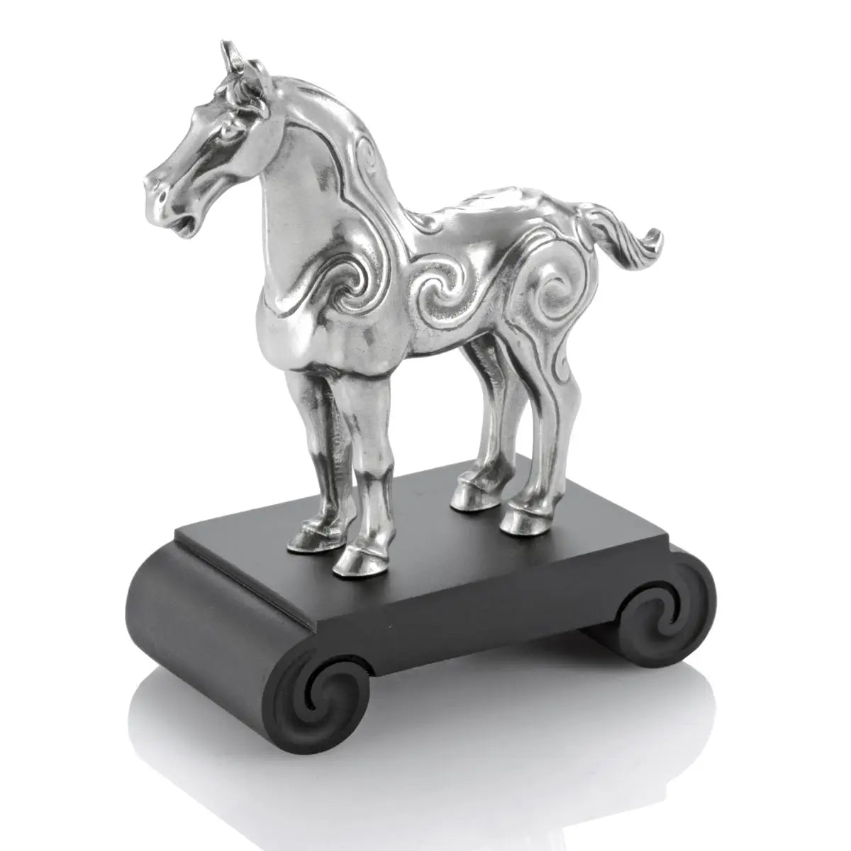 Image of Chinese Zodiac Horse Figurine by Royal Selangor, showing silver horse figurine on black stand on white background.