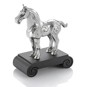 Image of Chinese Zodiac Horse Figurine by Royal Selangor, showing silver horse figurine on black stand on white background.