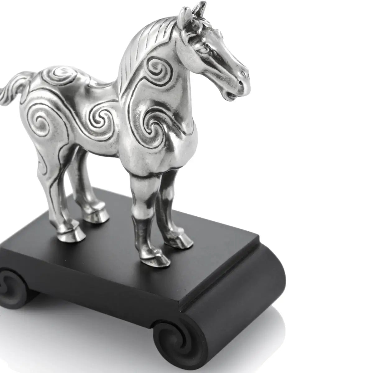 Close up image of Chinese Zodiac Horse Figurine by Royal Selangor, showing silver horse figurine on black stand on white background.