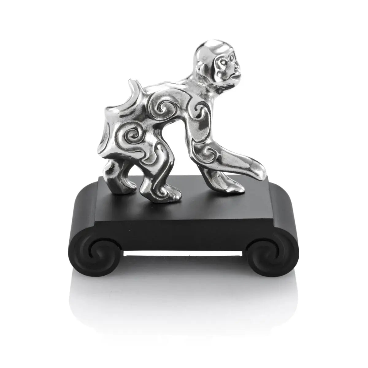 Side view mage of Chinese Zodiac Monkey Figurine by Royal Selangor, showing silver monkey figurine on black stand on white background.