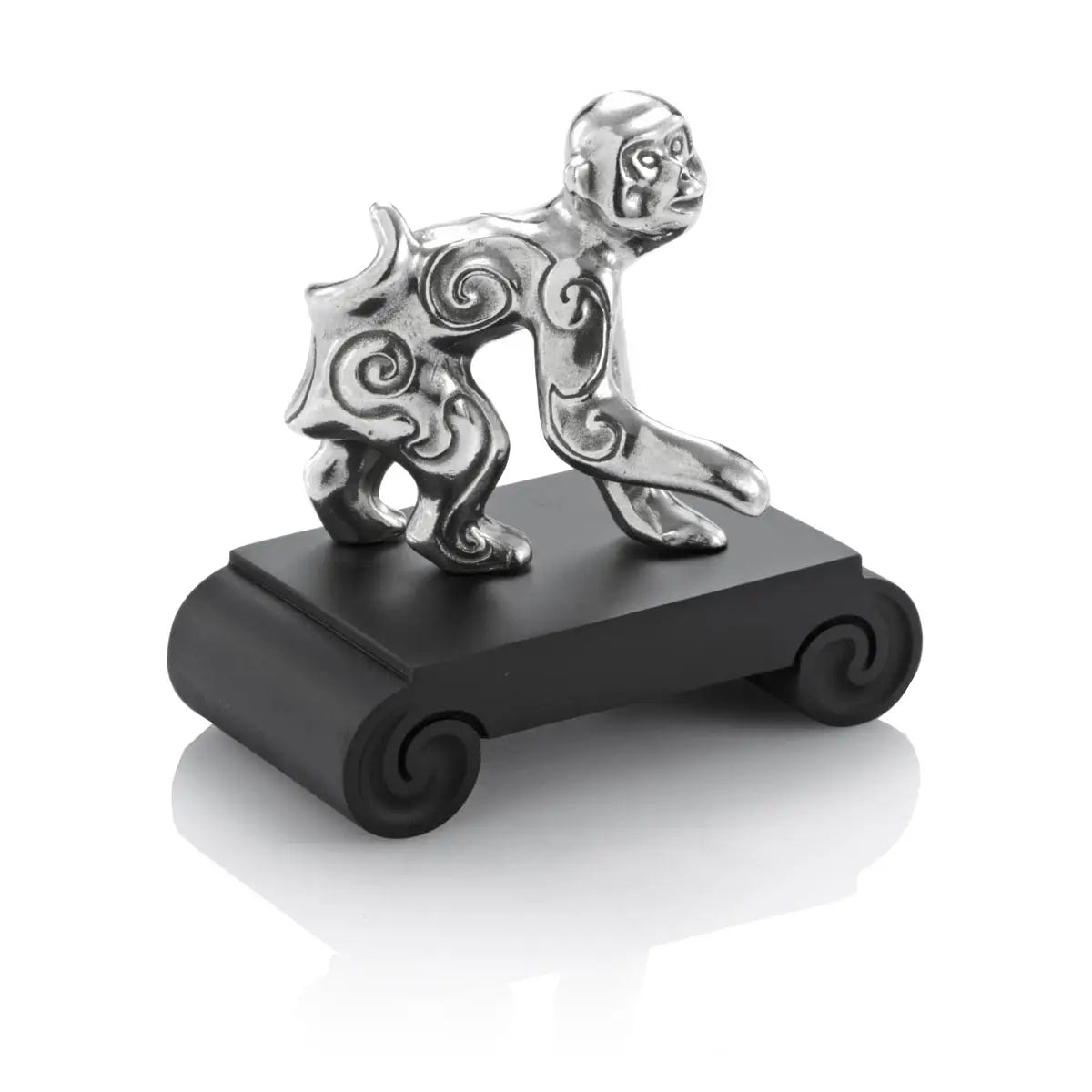 Image of Chinese Zodiac Monkey Figurine by Royal Selangor, showing silver monkey figurine on black stand on white background.