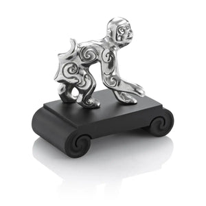 Image of Chinese Zodiac Monkey Figurine by Royal Selangor, showing silver monkey figurine on black stand on white background.