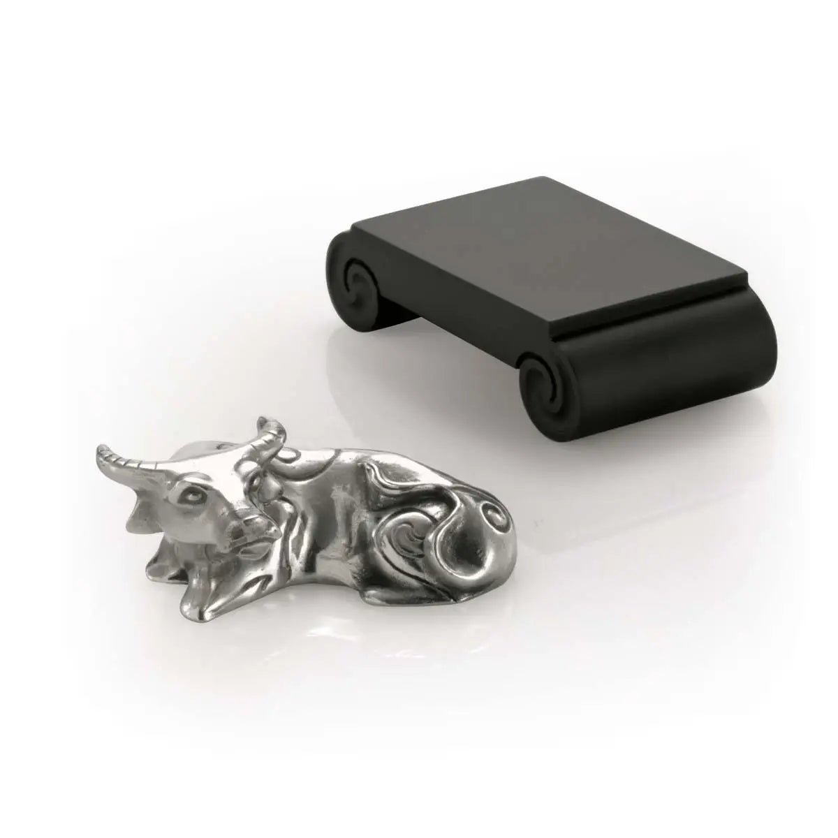 Image of Chinese Zodiac Ox Figurine by Royal Selangor, showing ox figurine next to black stand on white background.