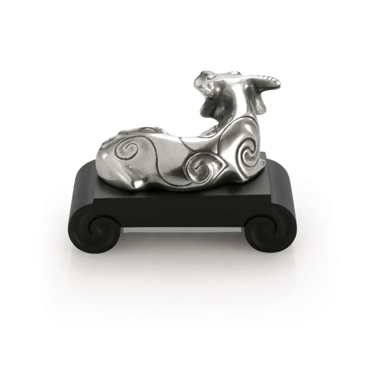 Rear view image of Chinese Zodiac Ox Figurine by Royal Selangor, showing ox figurine on black stand on white background.