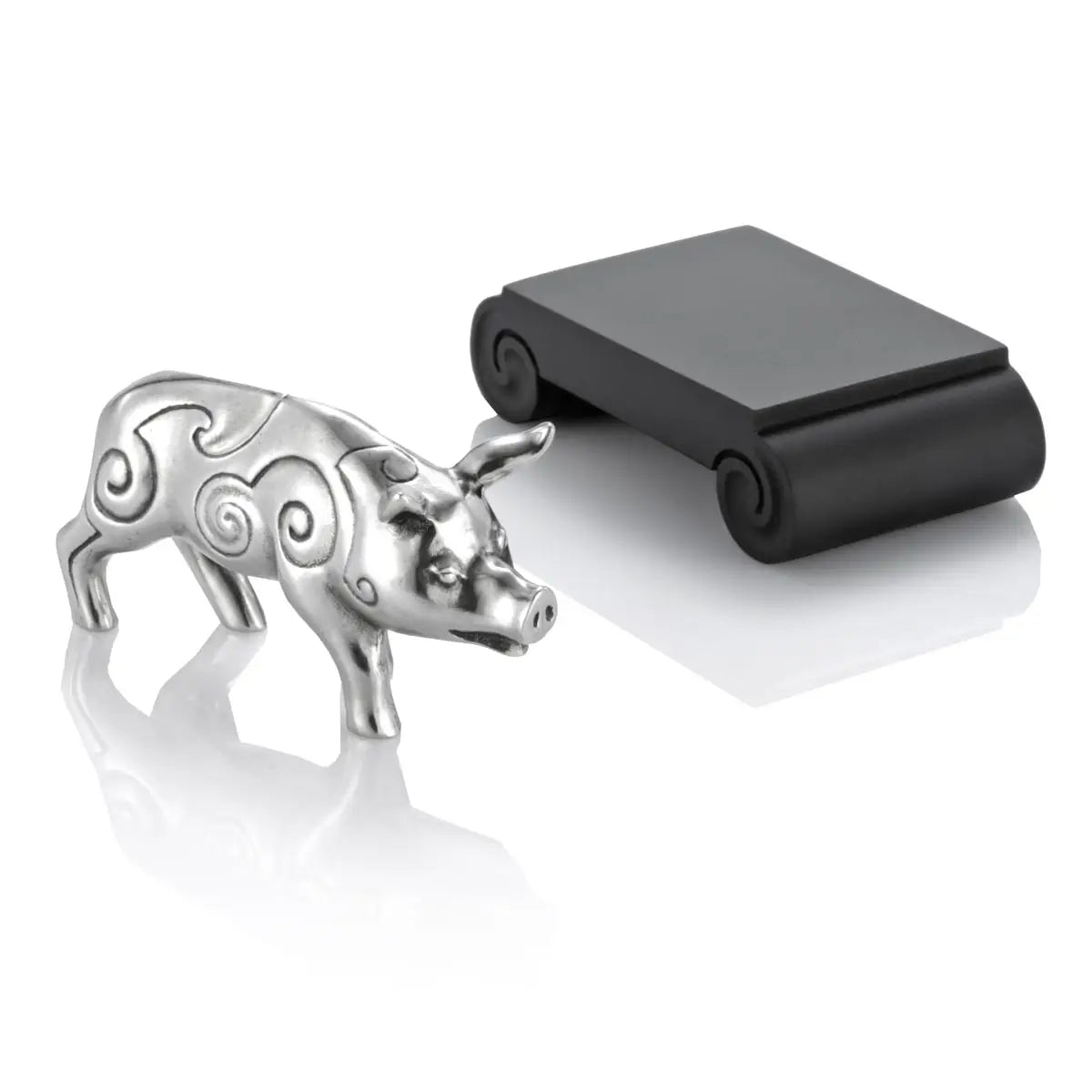 Image of Chinese Zodiac Boar Figurine by Royal Selangor, showing silver pig figurine next to black stand on white background.