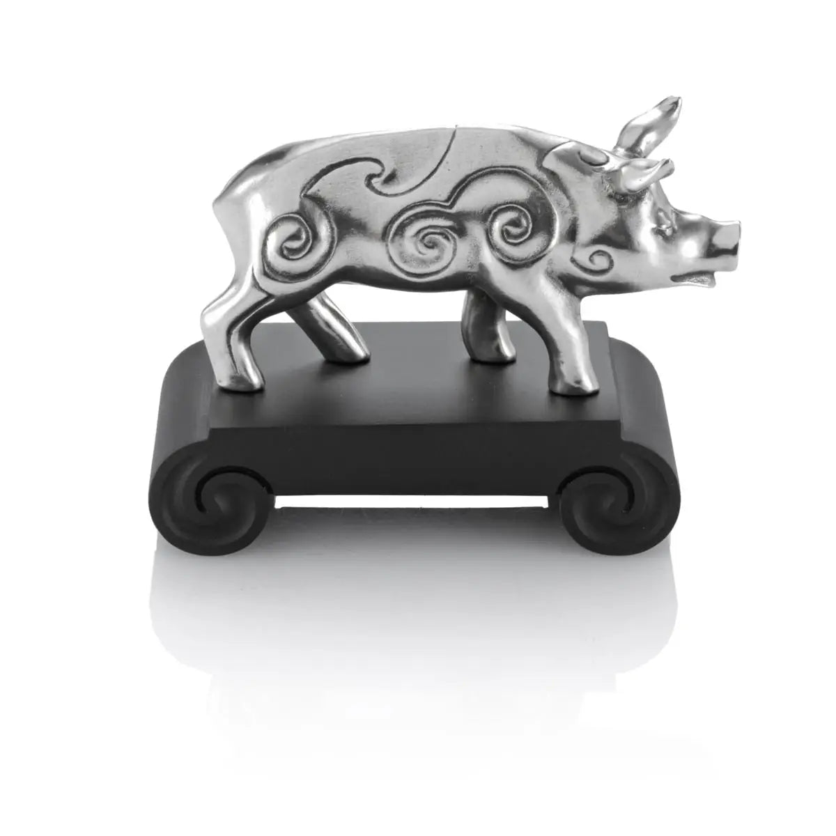 Side view image of Chinese Zodiac Boar Figurine by Royal Selangor, showing silver pig figurine on black stand on white background.