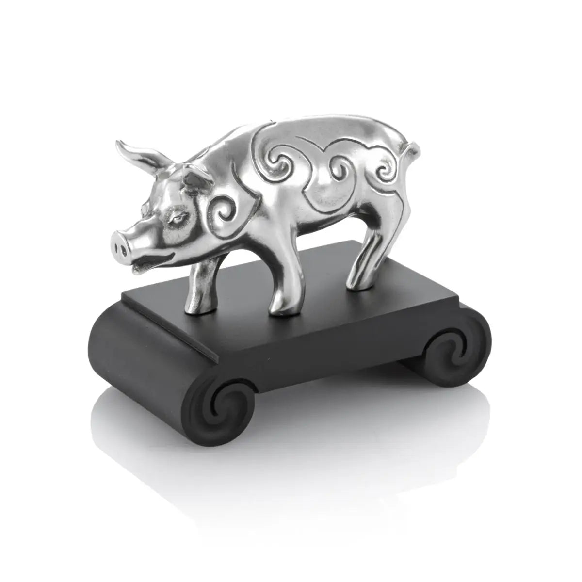Image of Chinese Zodiac Boar Figurine by Royal Selangor, showing silver pig figurine on black stand on white background.