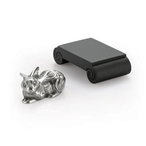 Image of Chinese Zodiac Rabbit Figurine by Royal Selangor, showing silver rabbit figurine next to black stand on white background.