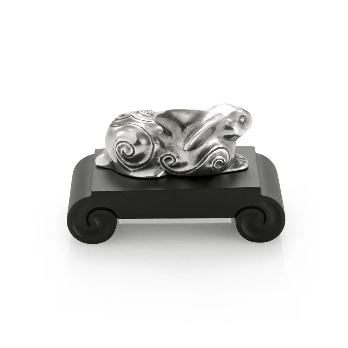 Side view image of Chinese Zodiac Rabbit Figurine by Royal Selangor, showing silver rabbit figurine on black stand on white background.