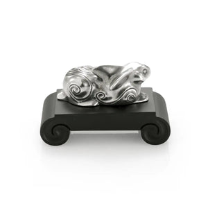 Side view image of Chinese Zodiac Rabbit Figurine by Royal Selangor, showing silver rabbit figurine on black stand on white background.