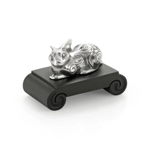 Image of Chinese Zodiac Rabbit Figurine by Royal Selangor, showing silver rabbit figurine on black stand on white background.
