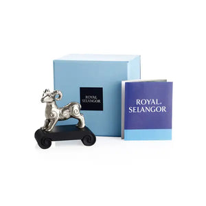 Image of Chinese Zodiac Ram Figurine by Royal Selangor, showing silver ram figurine on black stand and blue packaging on white background.