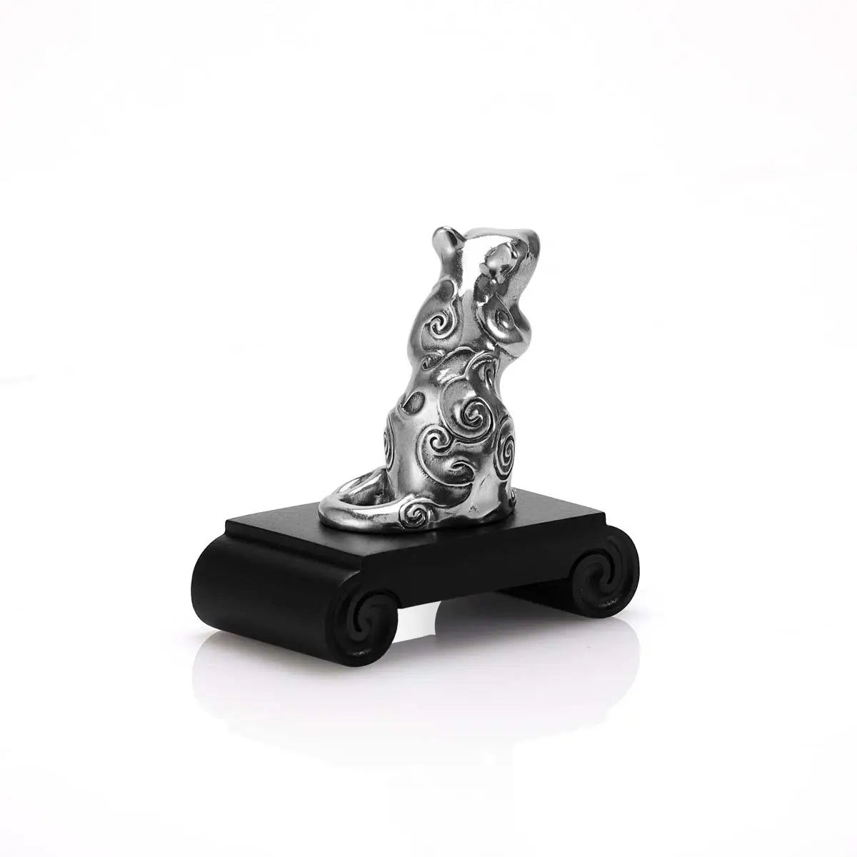 Rear view image of Chinese Zodiac Rat Figurine by Royal Selangor, showing pewter rat figurine on black stand on white background.