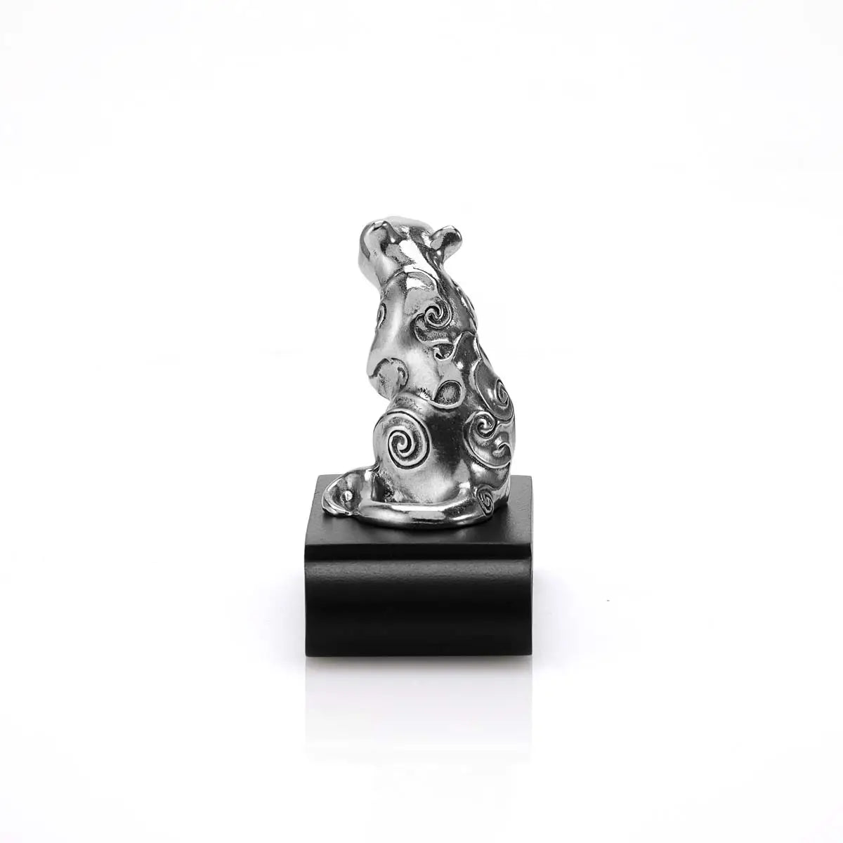 Rear view image of Chinese Zodiac Rat Figurine by Royal Selangor, showing pewter rat figurine on black stand on white background.